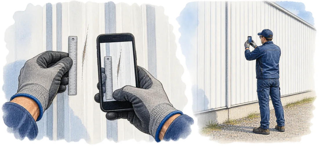 Illustrated instructions: a close-up of a scratch with a scale and a photo of the whole panel from a distance
