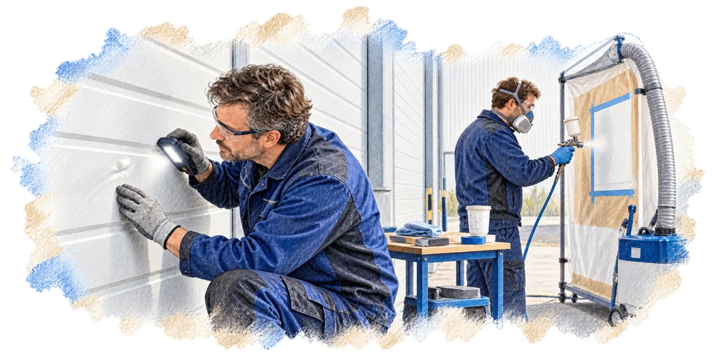 An illustrative drawing of a panel inspection and localised work on the coating.